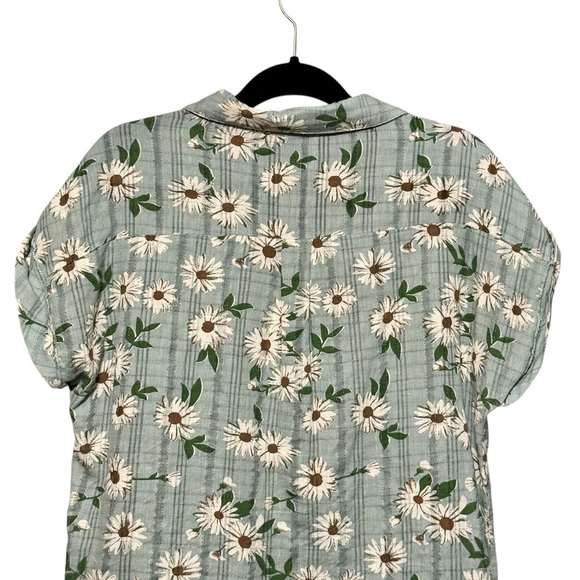 POL Cotton Gauzy Lightweight Floral Plaid Button Down Cuffed Sleeve Blouse - Picture 6 of 11